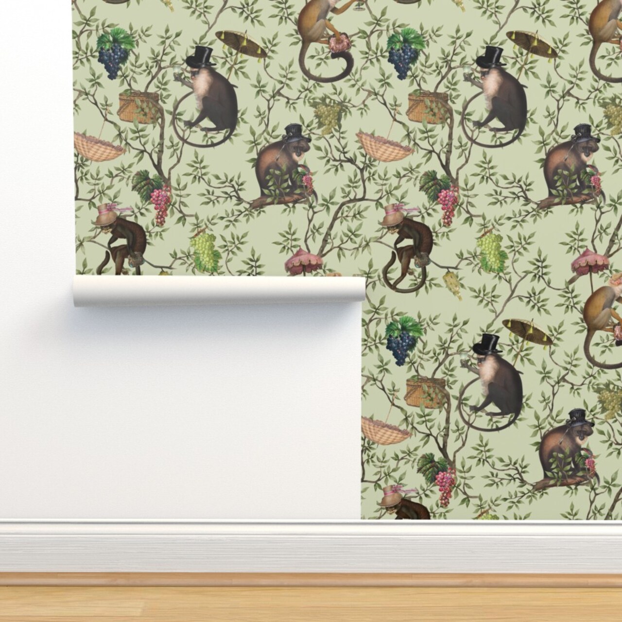 Green Chinoiserie Victorian Animals Rococo Garden Party Leaves Monkeys Historic Toile Botanical Whimsical Large Scale Custom Removable Wallpaper by Spoonflower Peel & Stick Wallpaper 2FT Wide
